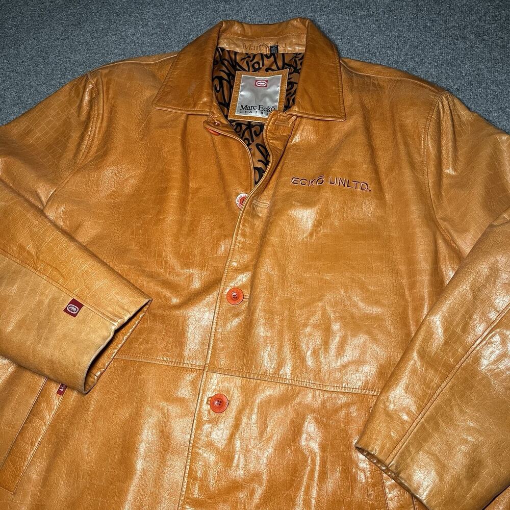 Vintage Marc Ecko Unltd Leather Jacket Mens 4XL Orange Brown Hip Hop Button Y2K